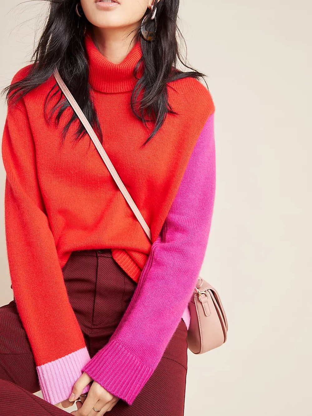 Diane Von Furstenberg Red & Pink Colorblock Turtleneck Sweater
